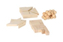 Dřevěné hlavolamy v pytlících- set 4 ks